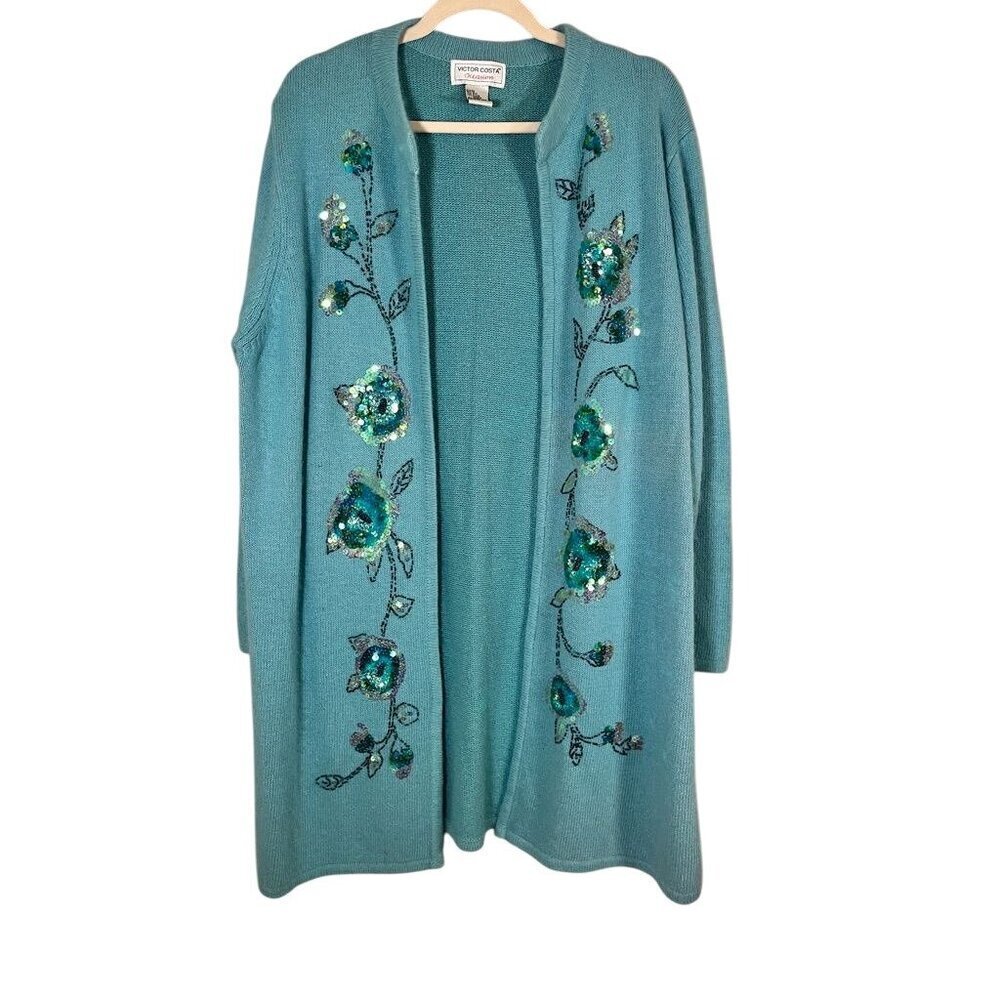 Vintage Silk Floral‎ Sequin Cardigan 1X Blue Rabbit Hair Knit Embellished Chic